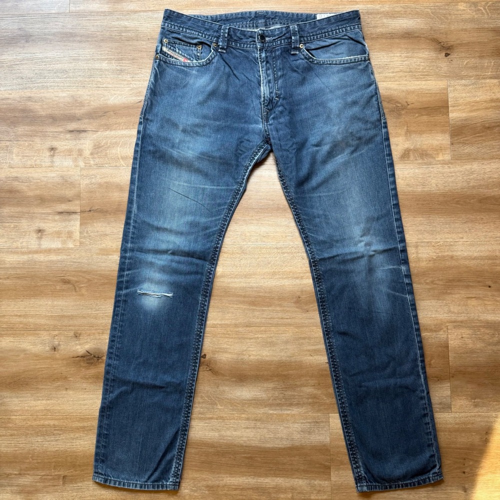 Diesel Thavar Jeans Mens 34x32 Blue Slim Skinny Distressed Denim Wash 0661D